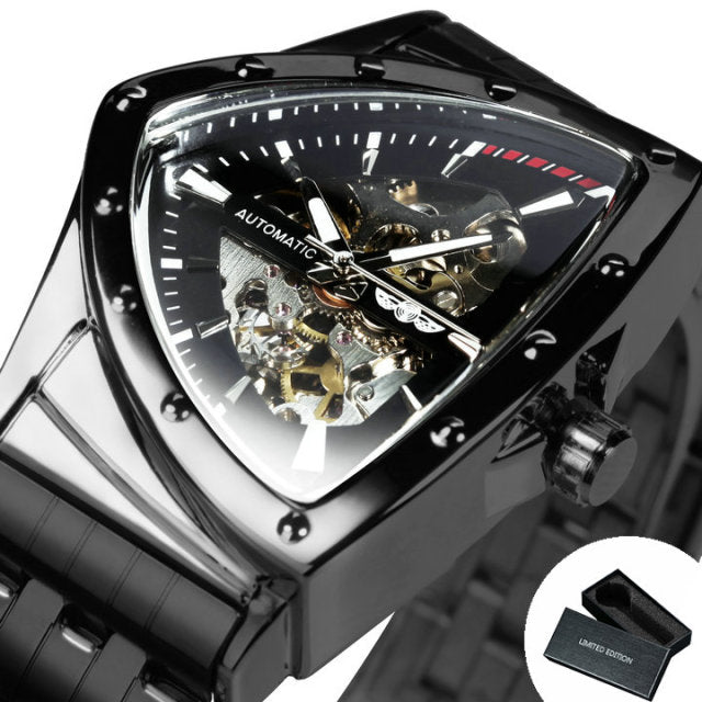 Triangle Military Men Watch Skeleton Mechanical Automatic Wristwatches Silver Stainless Steel Strap Irregular-11