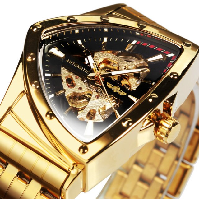 Triangle Military Men Watch Skeleton Mechanical Automatic Wristwatches Silver Stainless Steel Strap Irregular-12
