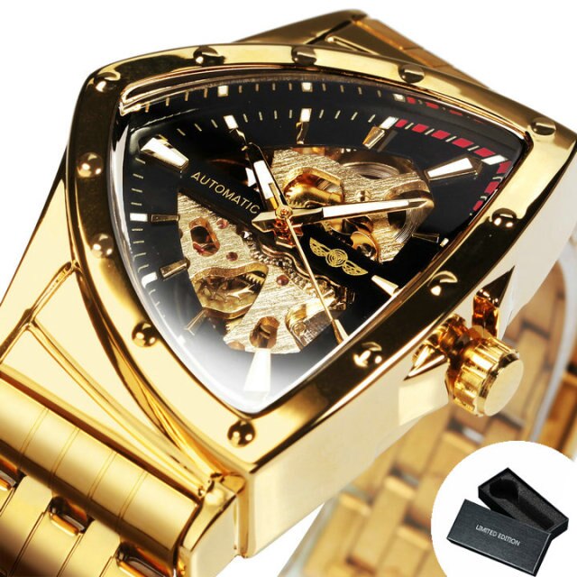 Triangle Military Men Watch Skeleton Mechanical Automatic Wristwatches Silver Stainless Steel Strap Irregular-7
