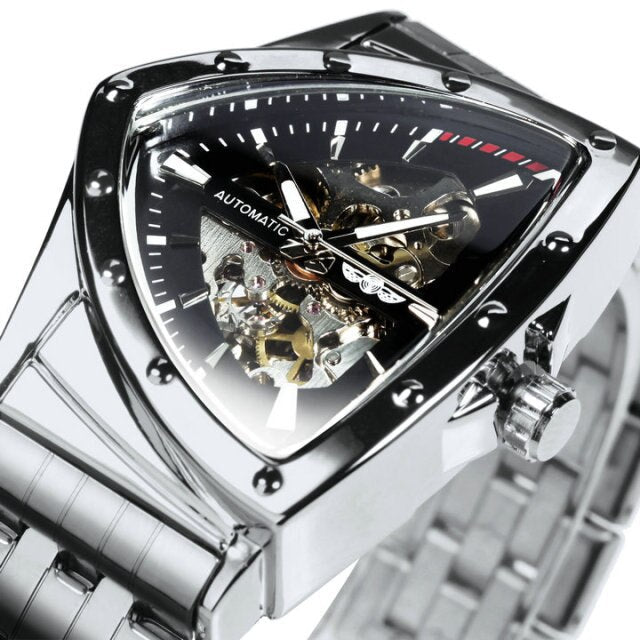 Triangle Military Men Watch Skeleton Mechanical Automatic Wristwatches Silver Stainless Steel Strap Irregular-3