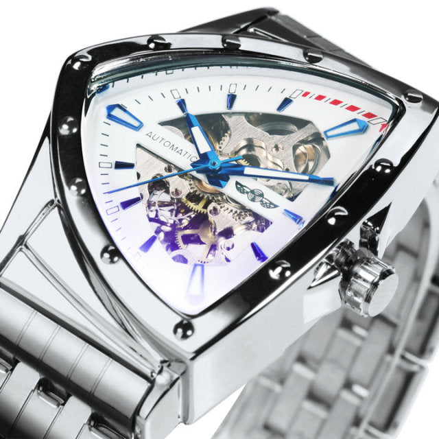 Triangle Military Men Watch Skeleton Mechanical Automatic Wristwatches Silver Stainless Steel Strap Irregular-4