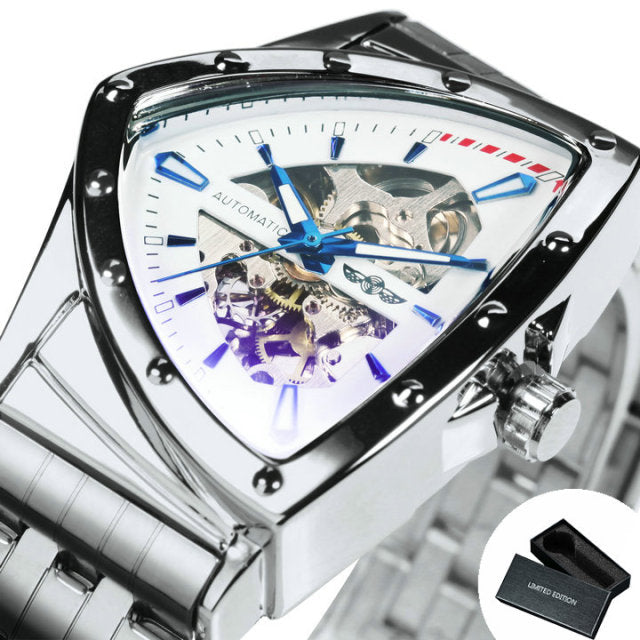 Triangle Military Men Watch Skeleton Mechanical Automatic Wristwatches Silver Stainless Steel Strap Irregular-10