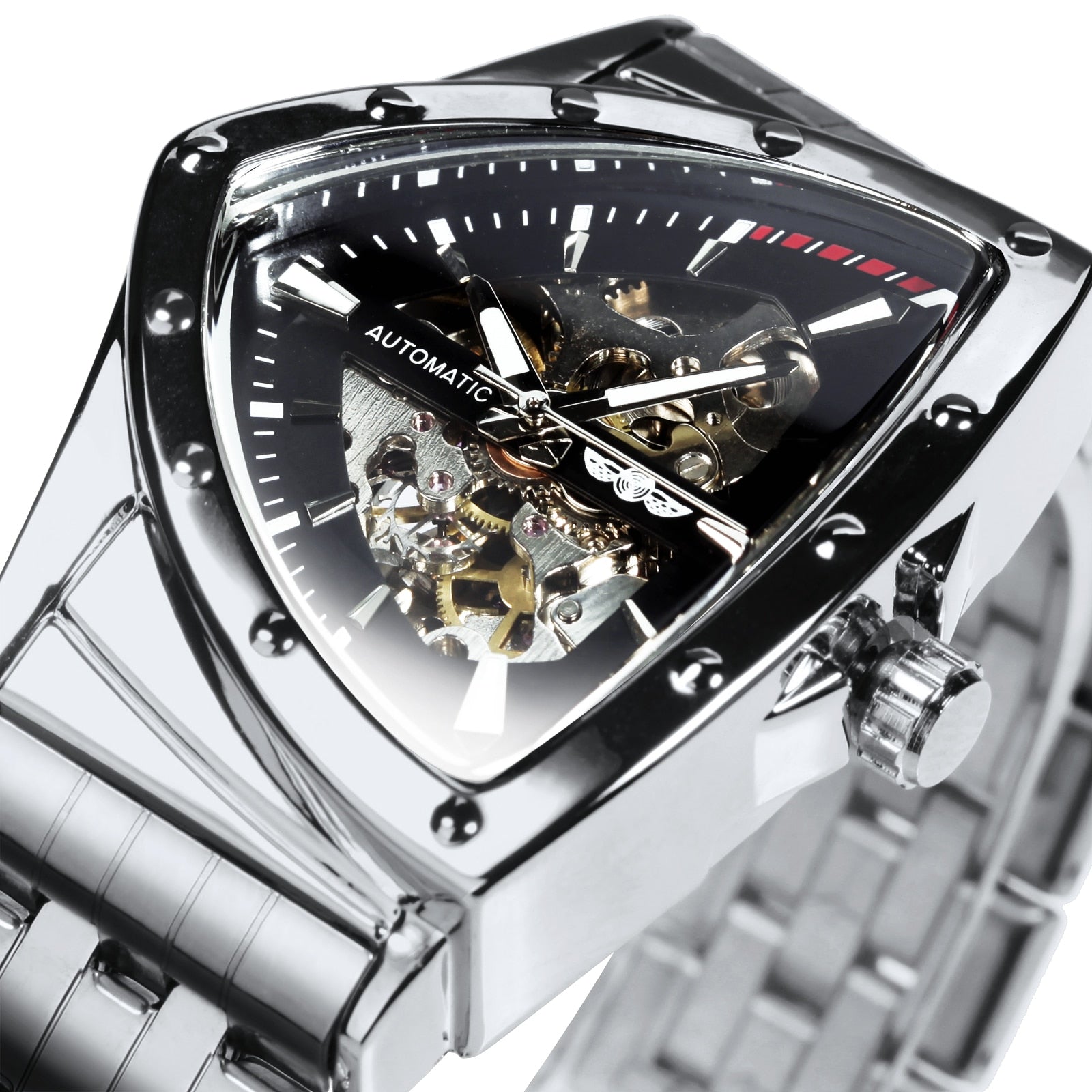Triangle Military Men Watch Skeleton Mechanical Automatic Wristwatches Silver Stainless Steel Strap Irregular-1